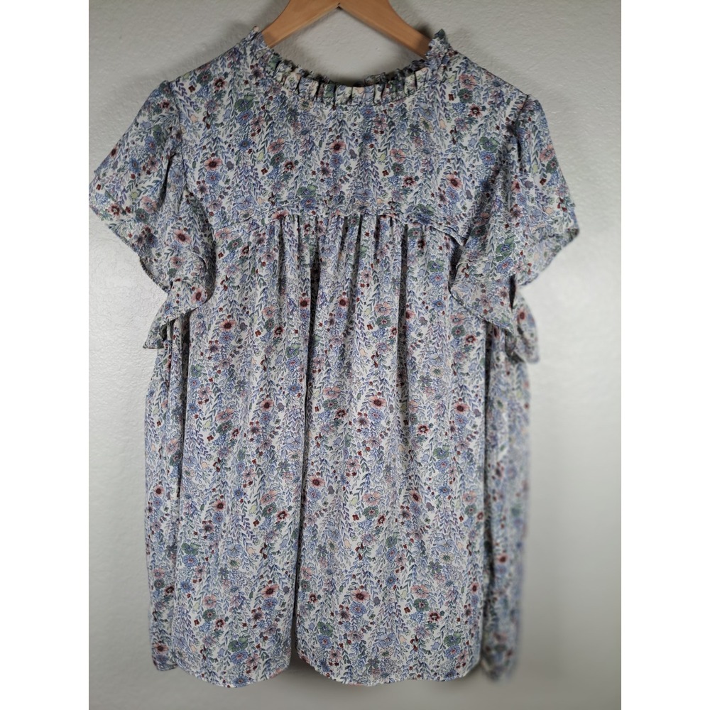 Rose + Olive Floral Ruffle Neck Flutter Sleeve Blouse Blue Pink 3X